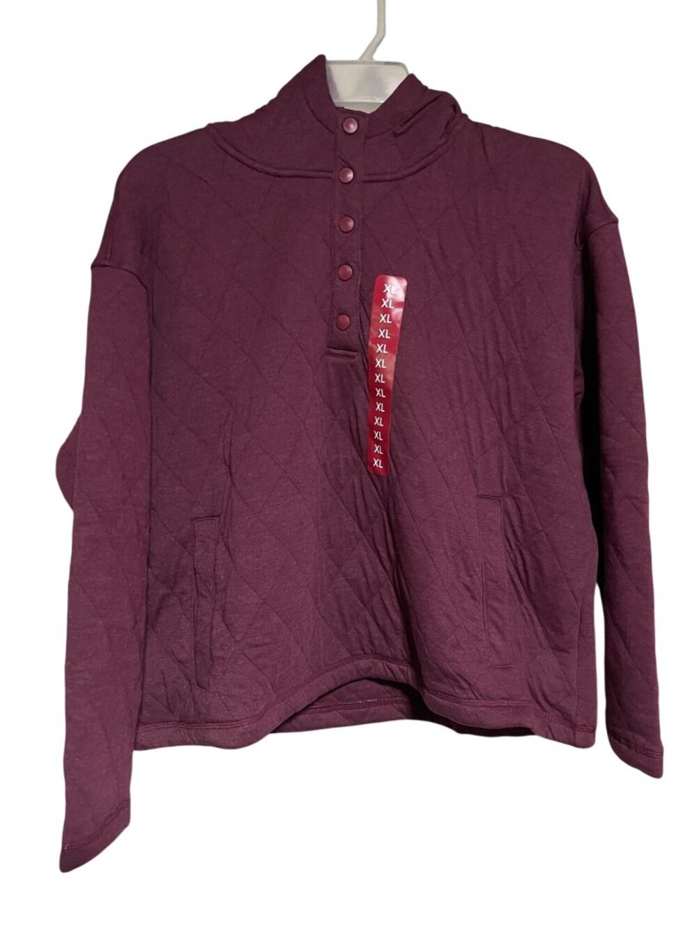 Lands End Womens Quilted Pullover Hoodie Sweatshirt Size XL Red Burgandy